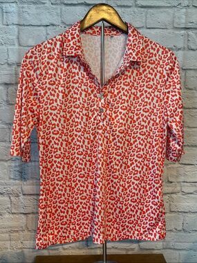 n vo Women's Golf Short Sleeve Polo with Orange Leopard Print Size Medium